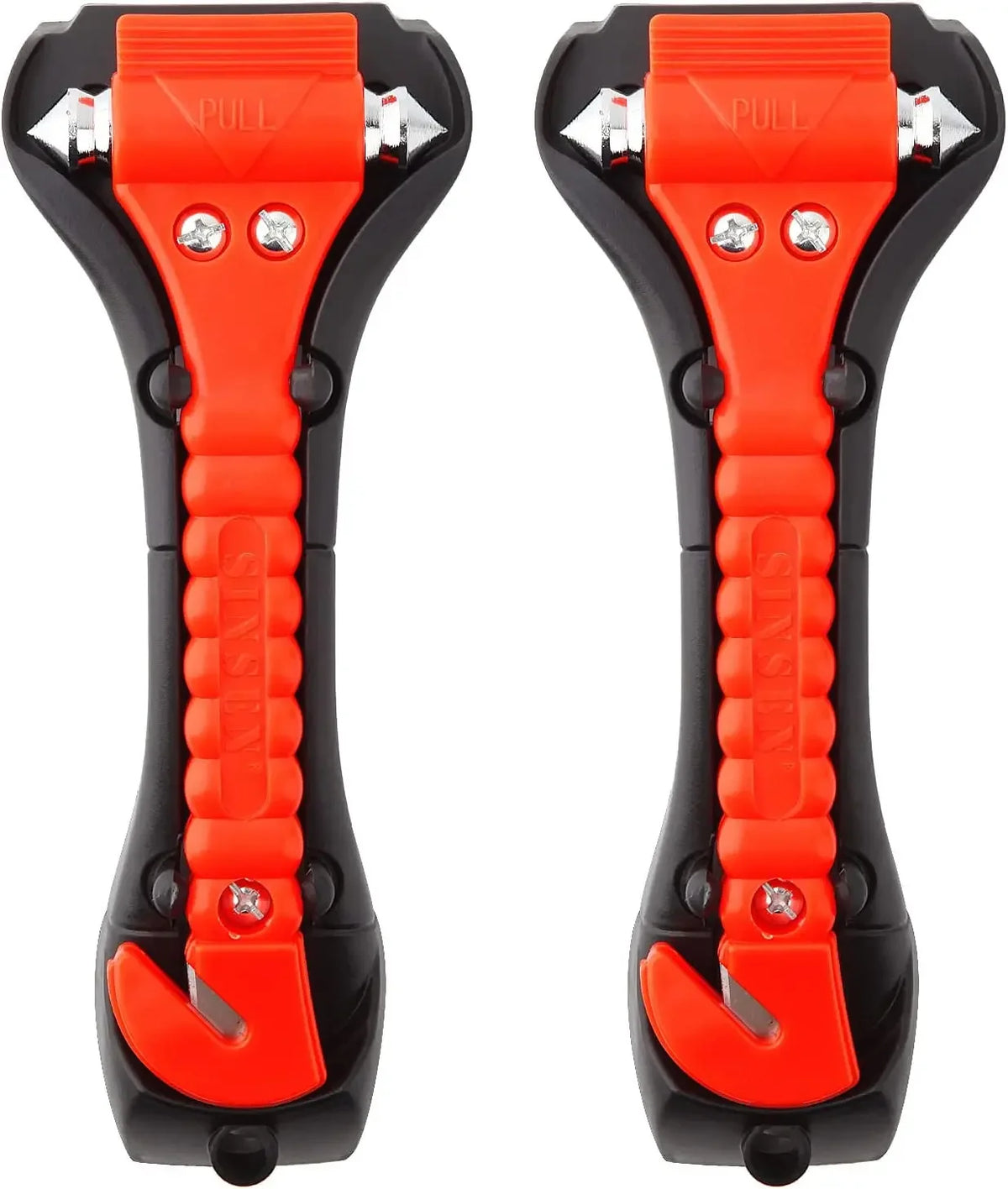Orange and black emergency escape hammer with a pull mechanism for seatbelt cutting