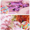 Diamond painting mosaic art featuring pink and purple flowers created with round and square drills
