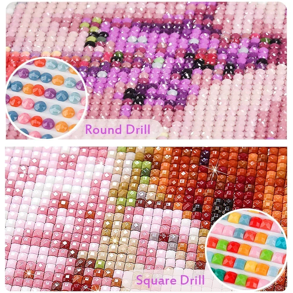 Diamond painting mosaic art featuring pink and purple flowers created with round and square drills