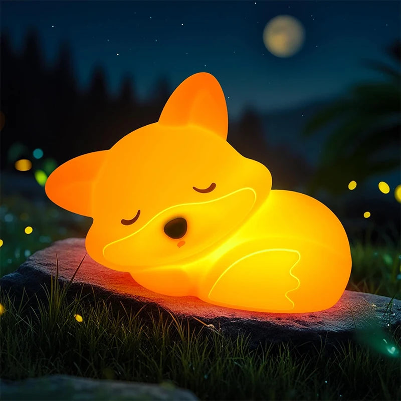 An orange squishy fox night light glowing brightly on a dark outdoor surface under a starry sky.