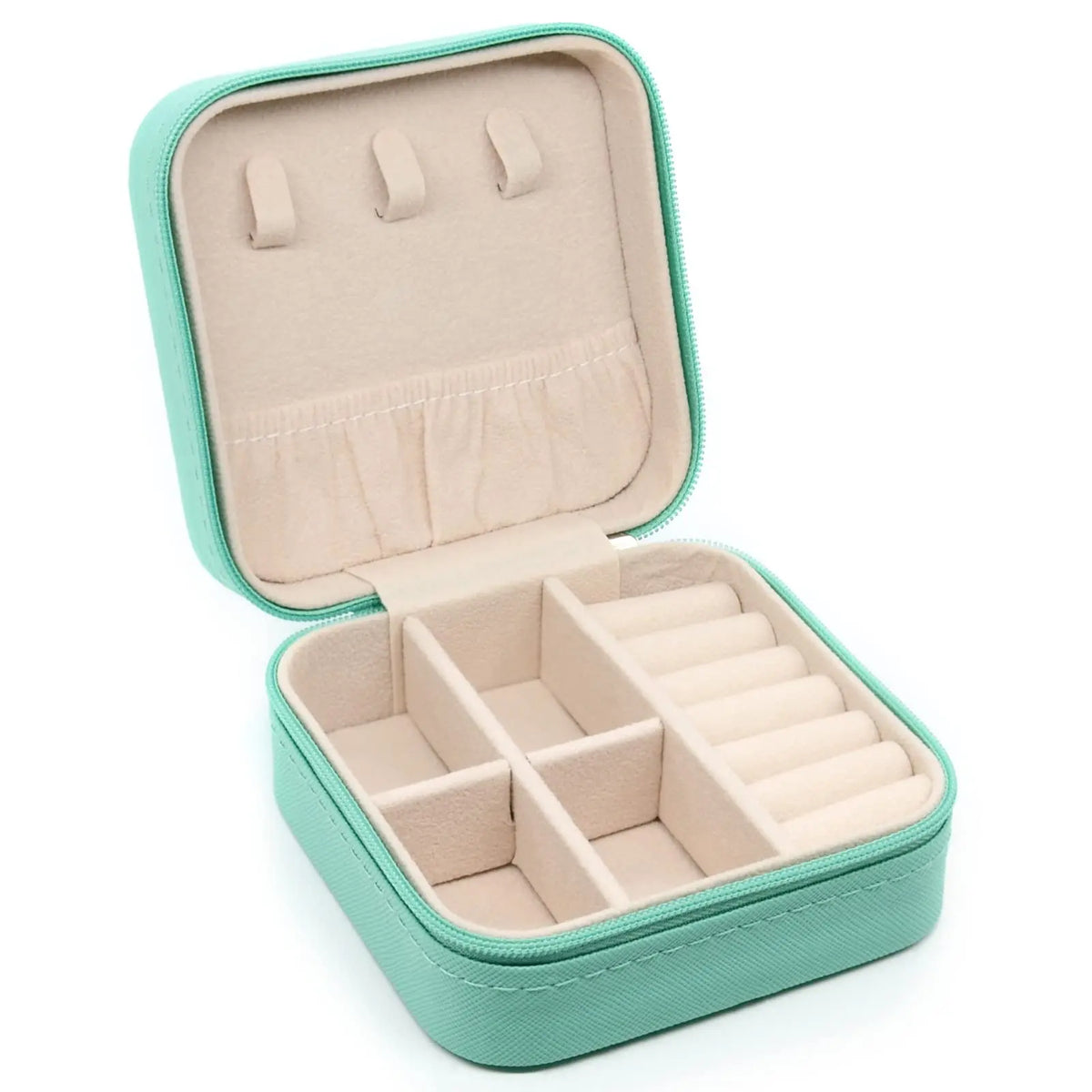 A light mint green PU leather jewelry storage box with a hinged lid and divided compartments.