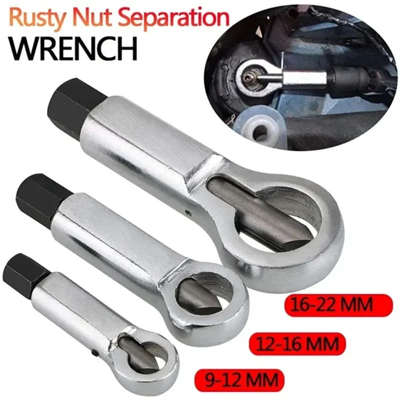 A set of metal wrenches for splitting rusty nuts and screws in sizes ranging from 9-12 mm to 16-22 mm.