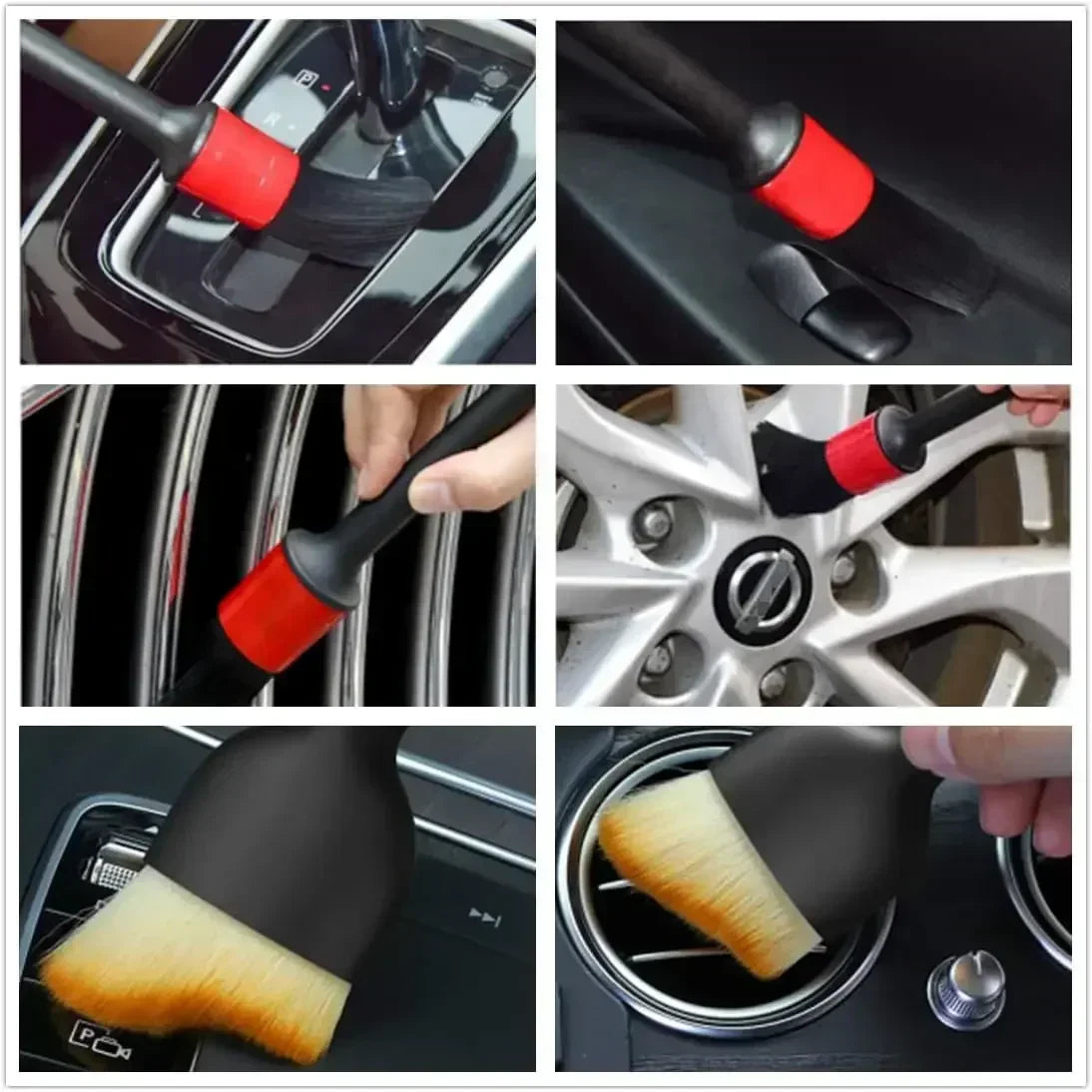 A set of black and red detailing brushes used for cleaning car interiors and wheels.