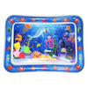 Blue inflatable baby water play mat filled with colorful floating sea creatures and toys.