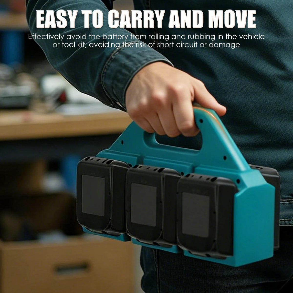 A hand holds a teal portable battery organizer designed to prevent tool batteries from rolling and rubbing.