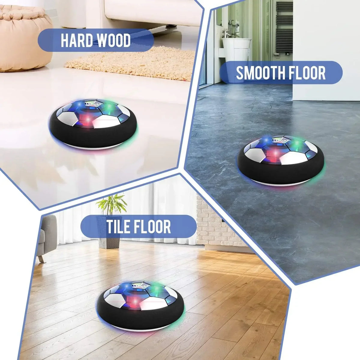 An LED hover soccer ball with glowing lights is shown resting on three different types of flooring: hardwood, smooth, and til