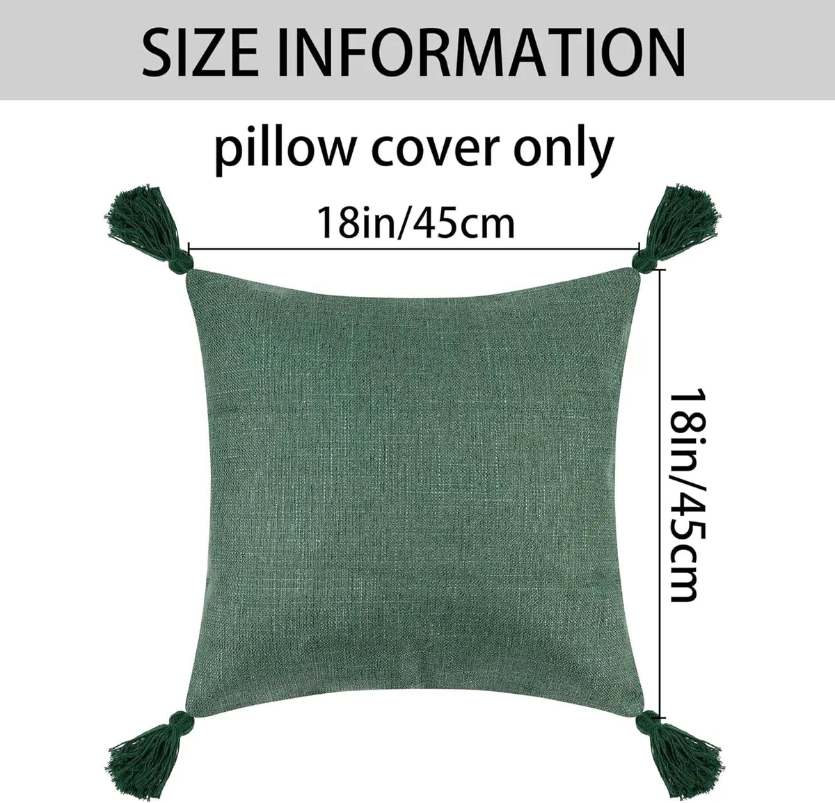 A square olive green linen pillow cover with tassels shown flat.