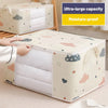 A beige foldable storage bag for blankets and clothes with a zipper, showing its large capacity and moisture-proof features.