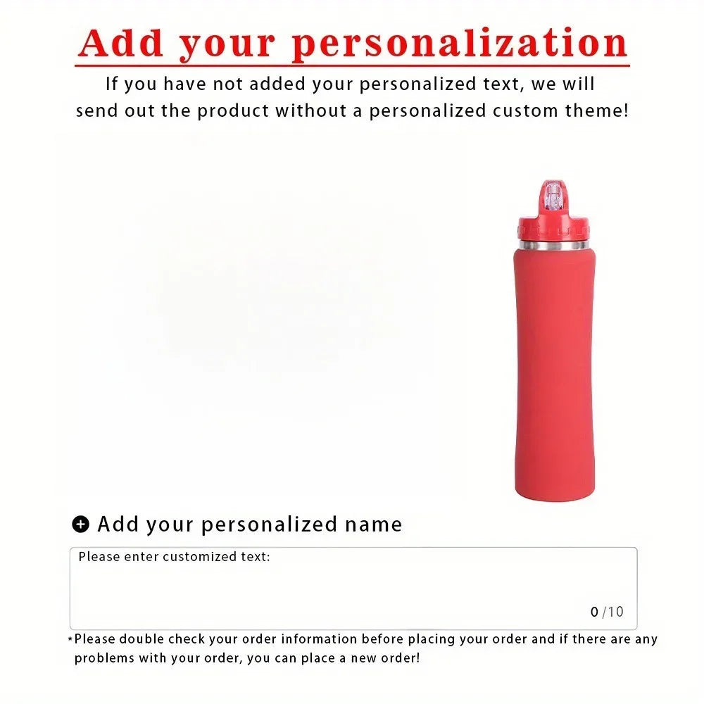 A red insulated stainless steel water bottle with a lid is shown on a white background.