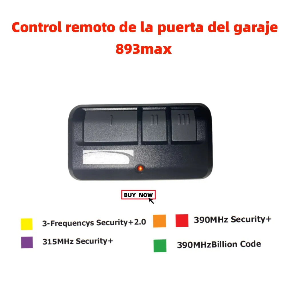 A black garage door remote control featuring three buttons and a red indicator light.