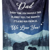 Dark blue fleece throw blanket featuring a silhouette of a bear and a wolf against a mountain landscape.