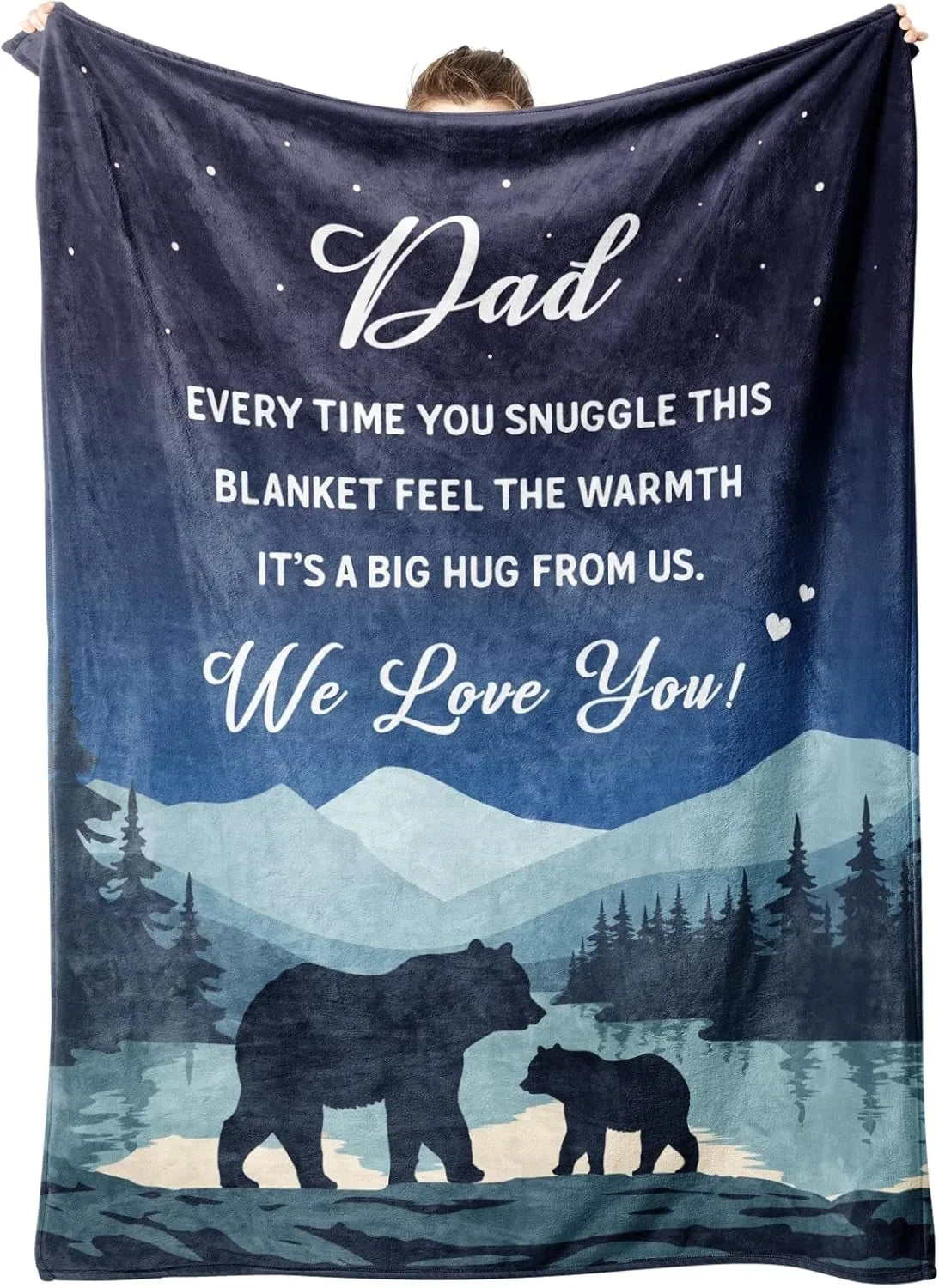 Dark blue fleece throw blanket featuring a silhouette of a bear and a wolf against a mountain landscape.