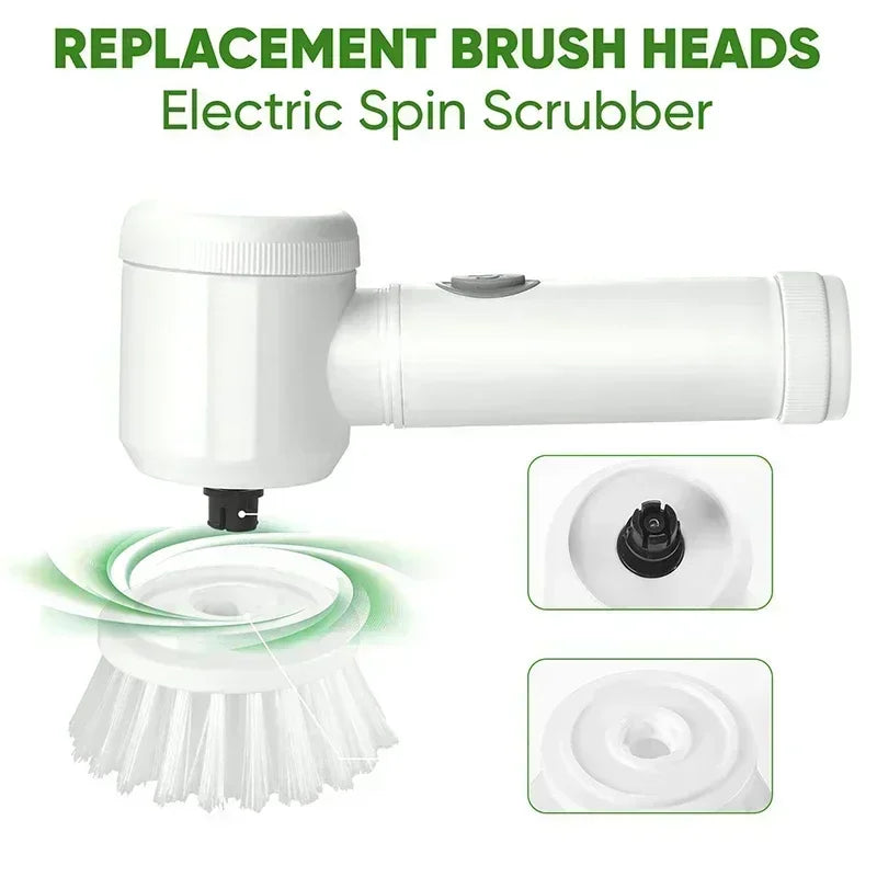 A white electric spin scrubber with a detachable brush head shown alongside replacement heads.