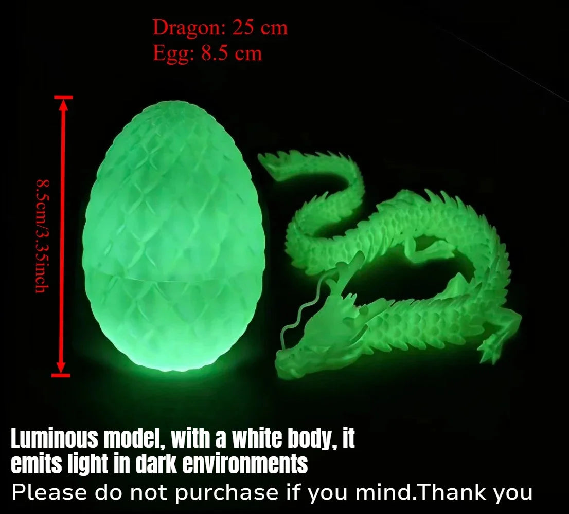 A translucent green dragon figurine with an egg, emitting light in the dark.