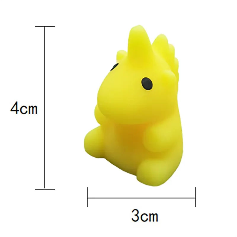 A bright yellow, squishy dinosaur-shaped stress relief toy.