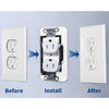 Before, install, and after views of a rust-proof galvanized outlet spacer kit for flush mount installation.