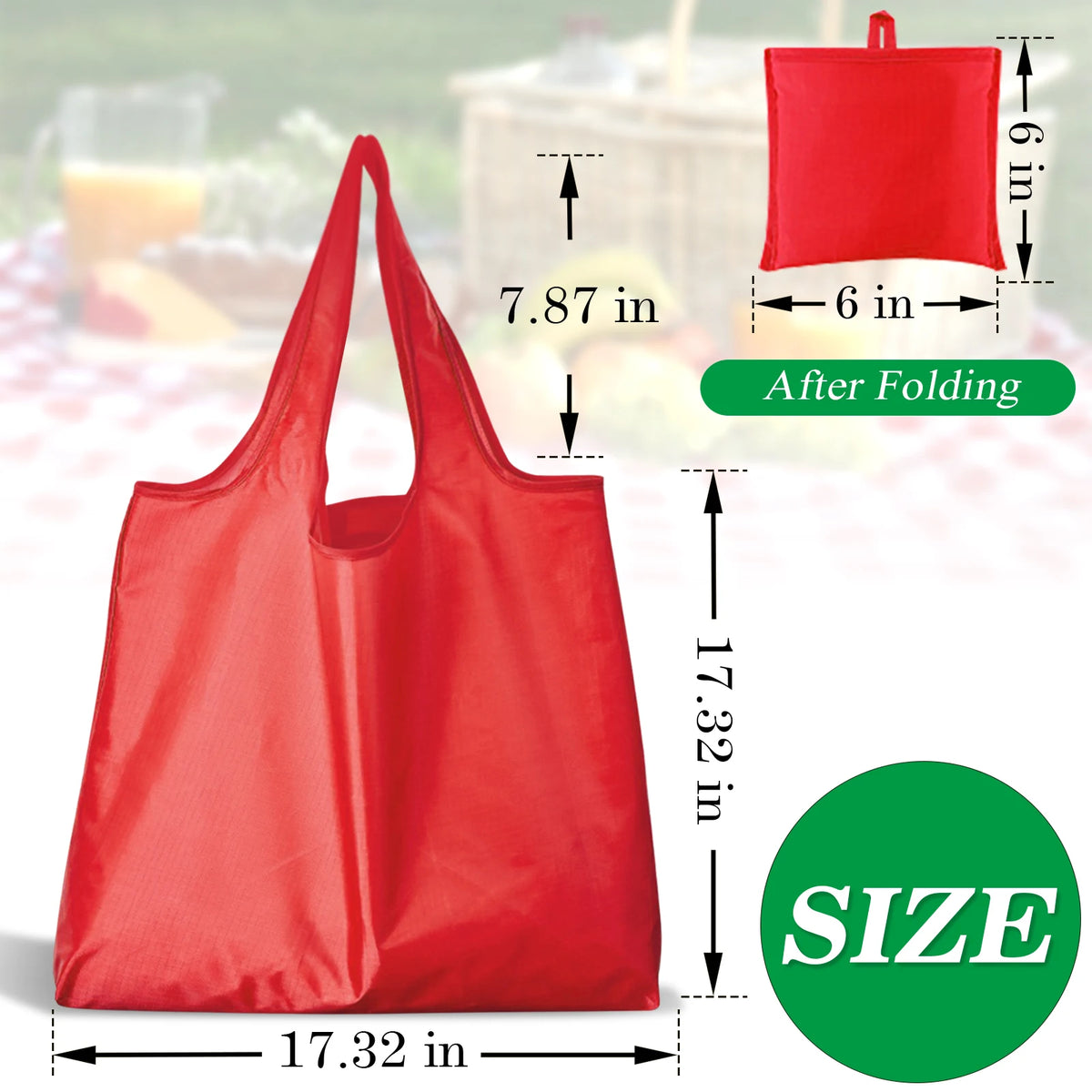 A bright red foldable reusable grocery bag shown in various states, including unfolded and folded.
