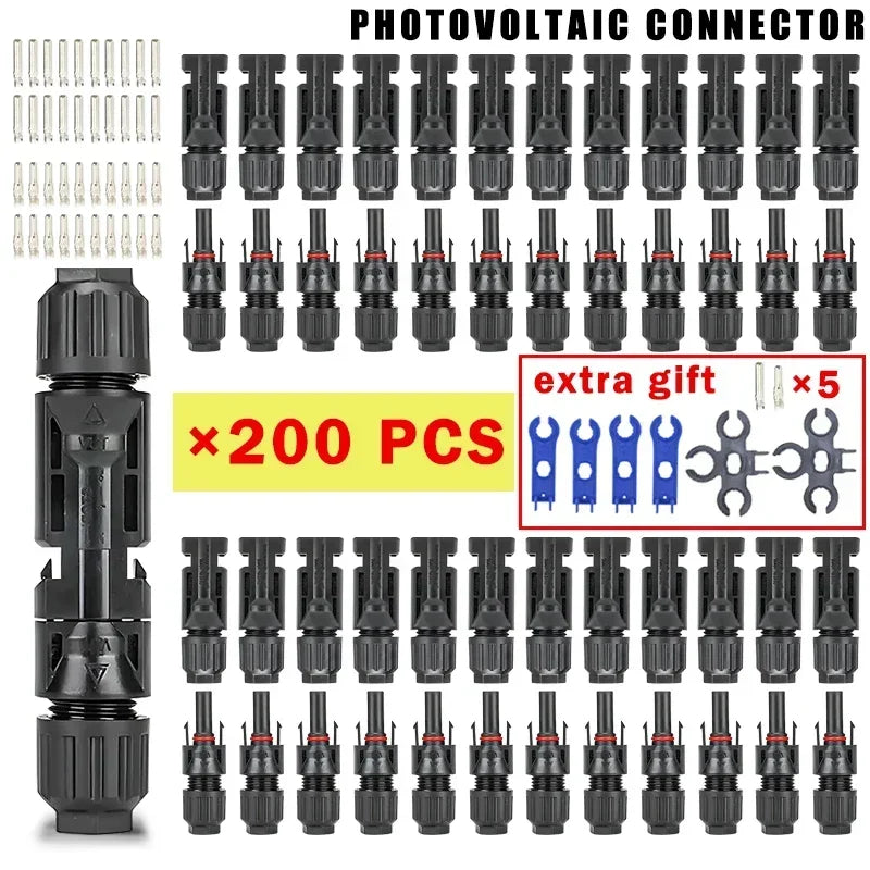 A collection of black photovoltaic connectors and extra gift components for PV cable.