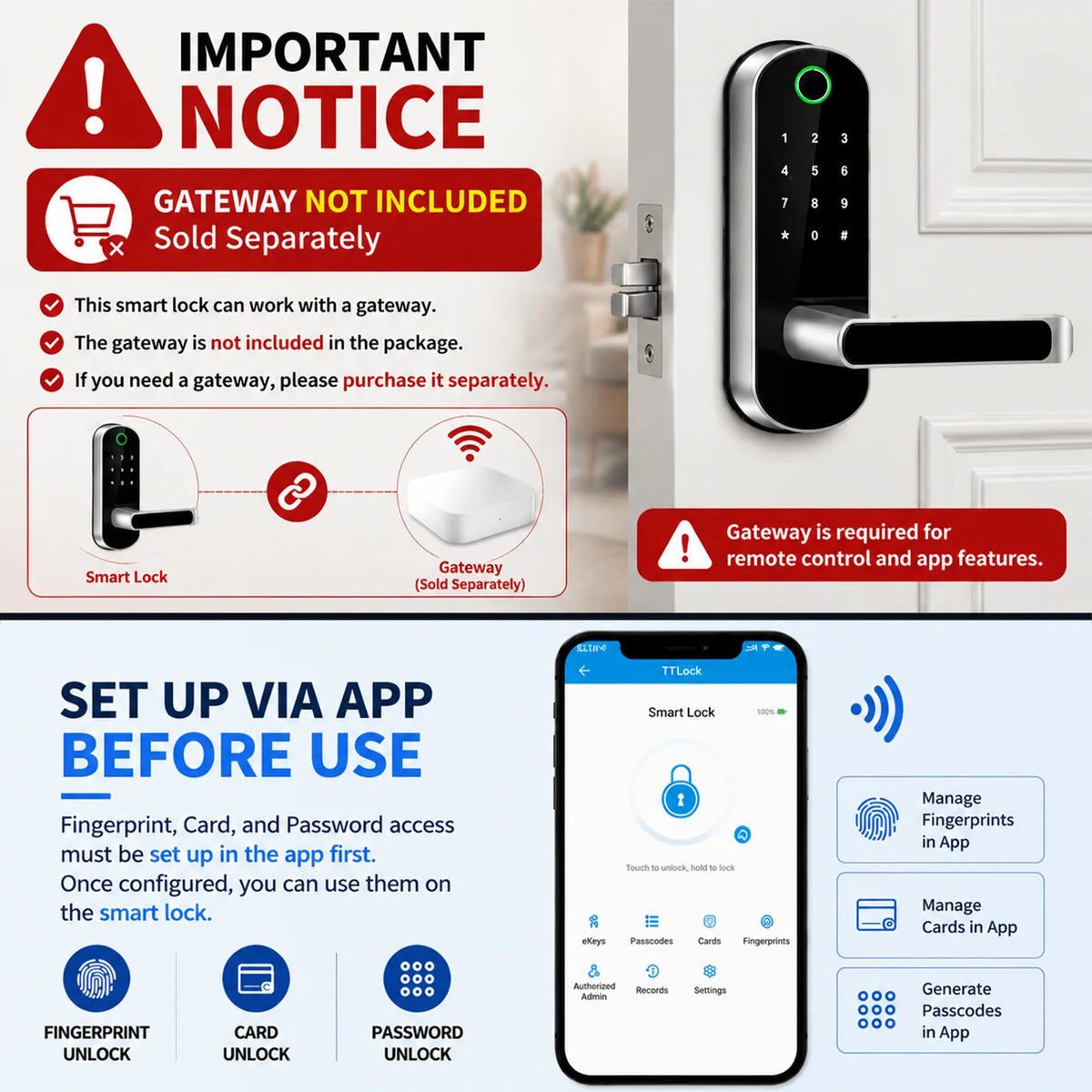 A smart fingerprint door lock is shown with an accompanying mobile app interface for setup and control.