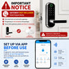 A smart fingerprint door lock is shown with an accompanying mobile app interface for setup and control.