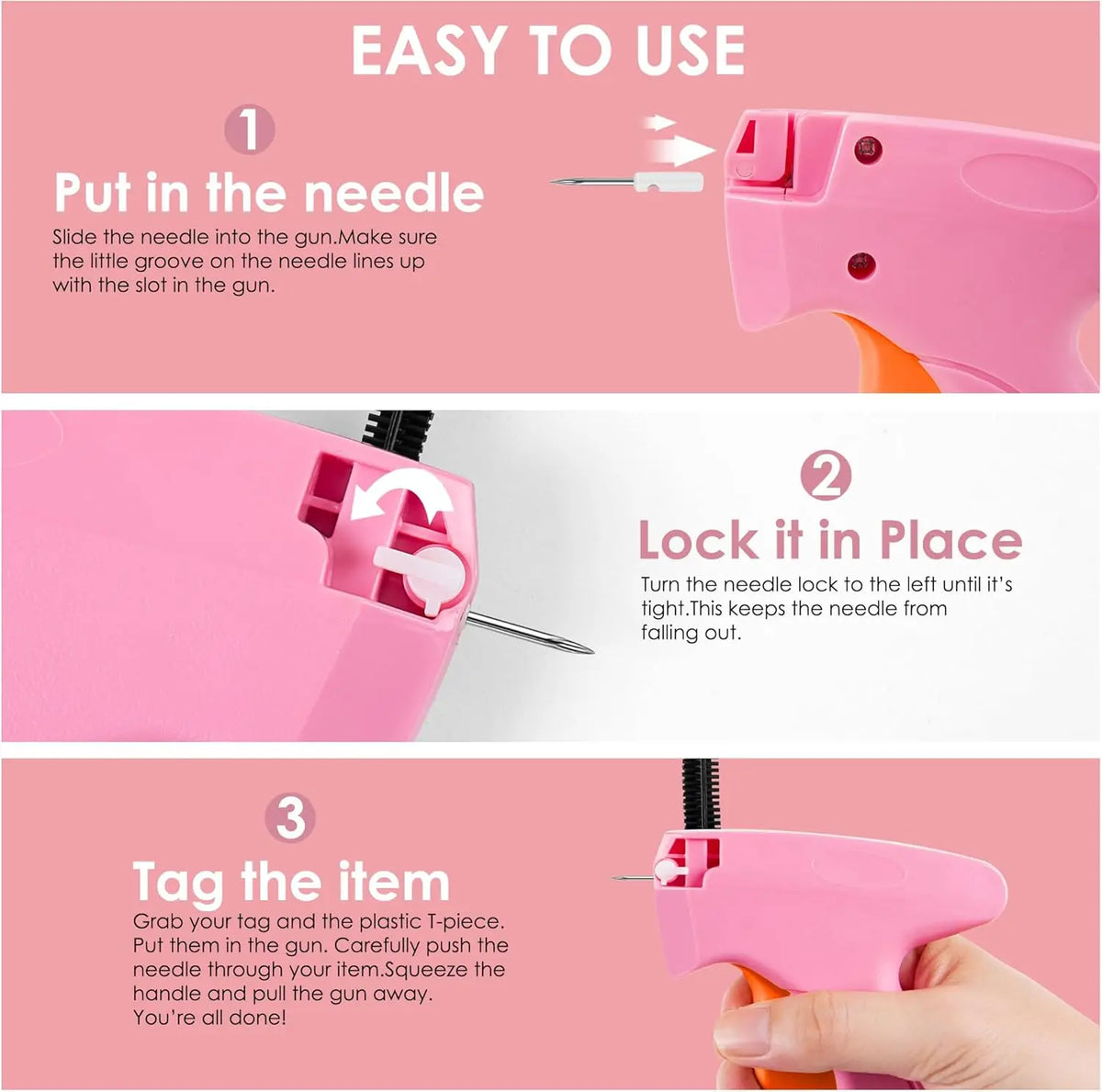 Instructions show how to put, lock, and tag a needle into a pink handheld fabric stapler for clothing repairs.