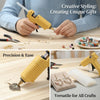 A yellow hot glue gun is shown being used to apply clear glue to jewelry or crafts.