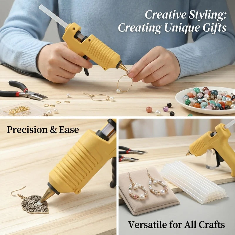 A yellow hot glue gun is shown being used to apply clear glue to jewelry or crafts.