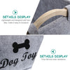 A grey felt pet toy storage basket with wooden handles, showing details and wear resistance.