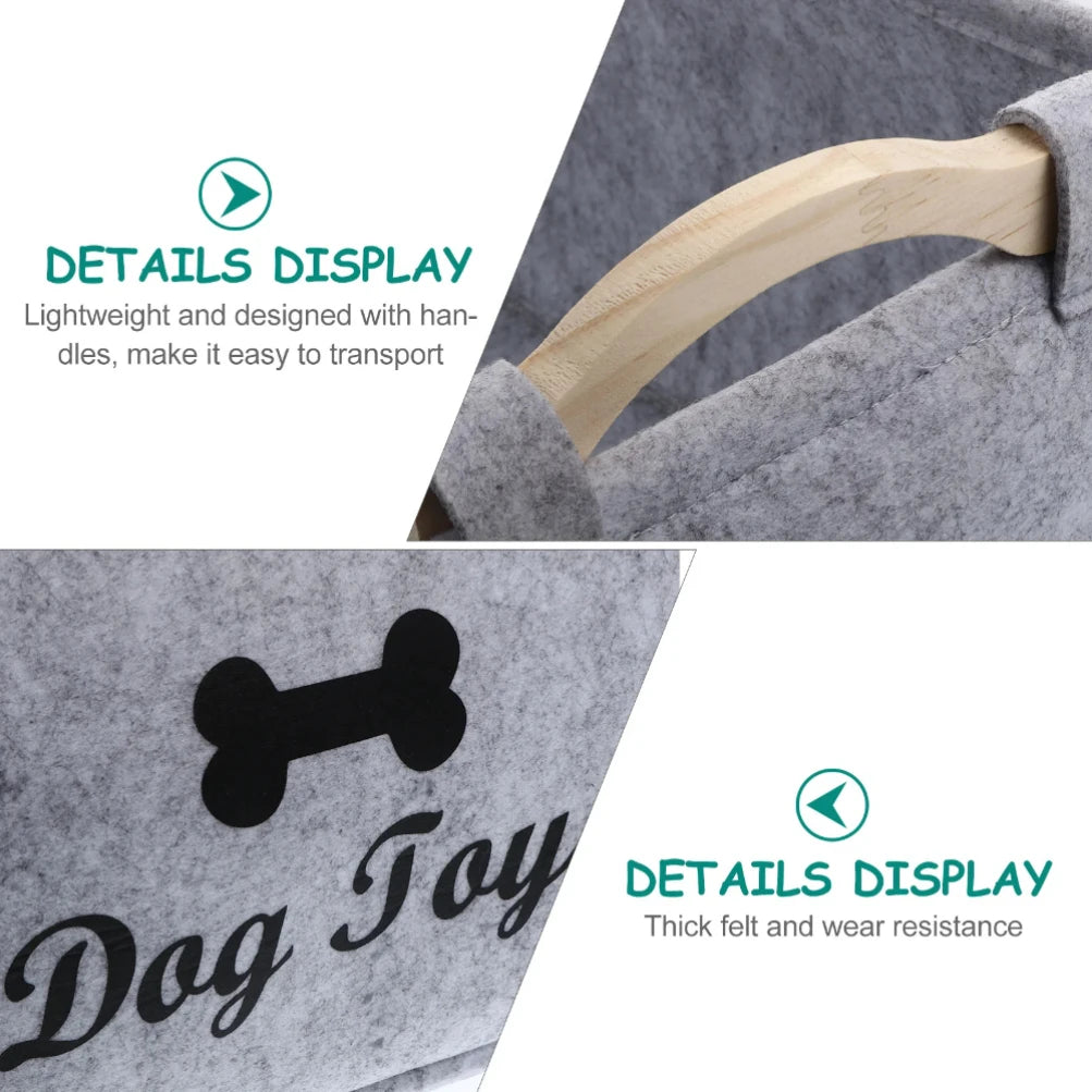 A grey felt pet toy storage basket with wooden handles, showing details and wear resistance.