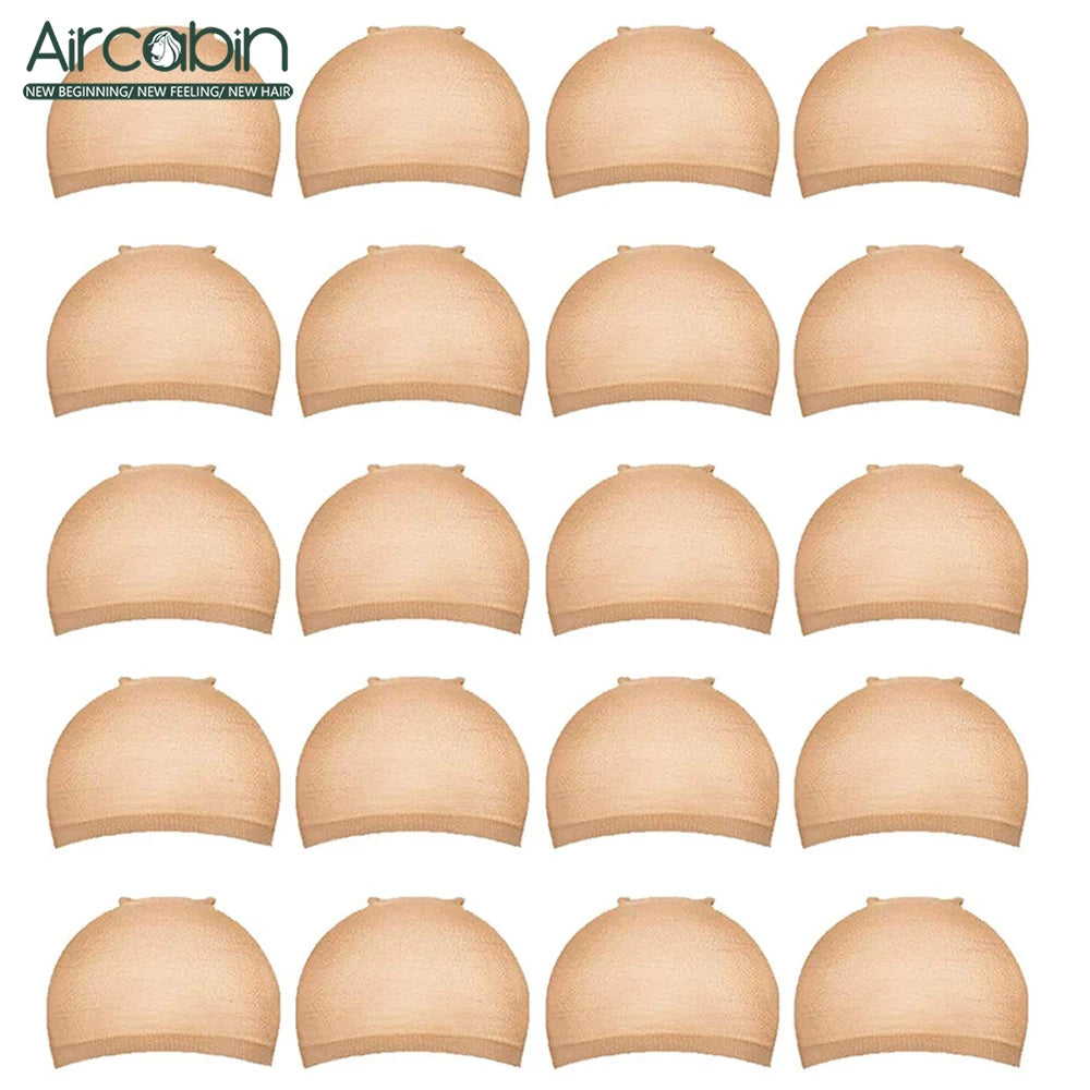 A set of nude beige stretchy nylon wig caps shown from the top view.