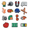 A set of PVC pins featuring various sports icons like a fist, a letter U, a hand sign, and soccer balls.