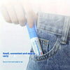 A hand is shown placing a blue thermal paper privacy eraser pen into the pocket of blue denim jeans.