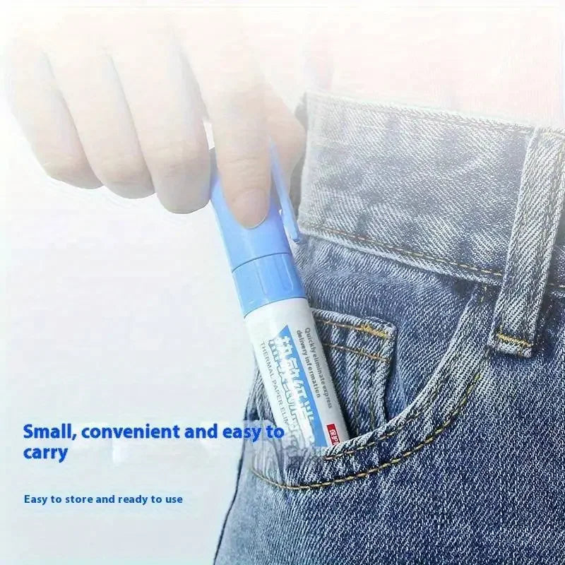 A hand is shown placing a blue thermal paper privacy eraser pen into the pocket of blue denim jeans.