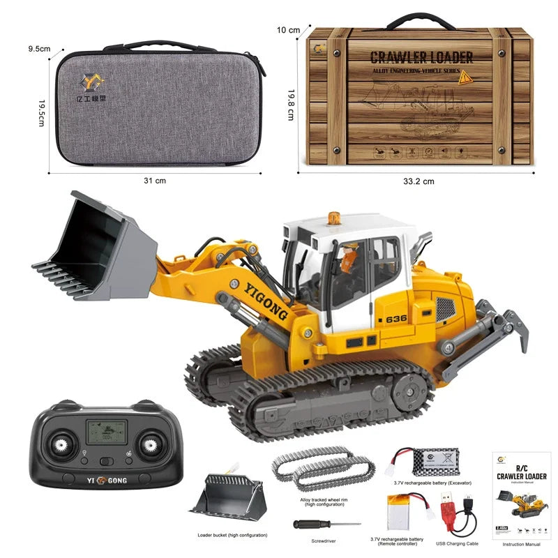 A YIGONG crawler loader excavator model kit with a remote control system and accessories.