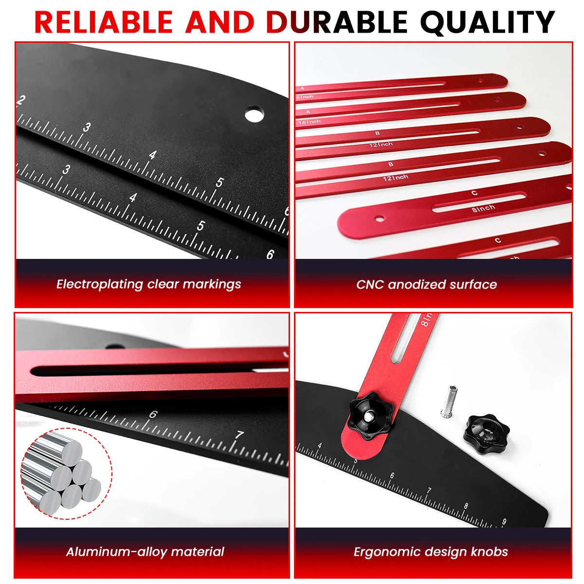 A set of black and red aluminum-alloy measuring jigs and templates with clear markings and ergonomic design knobs.
