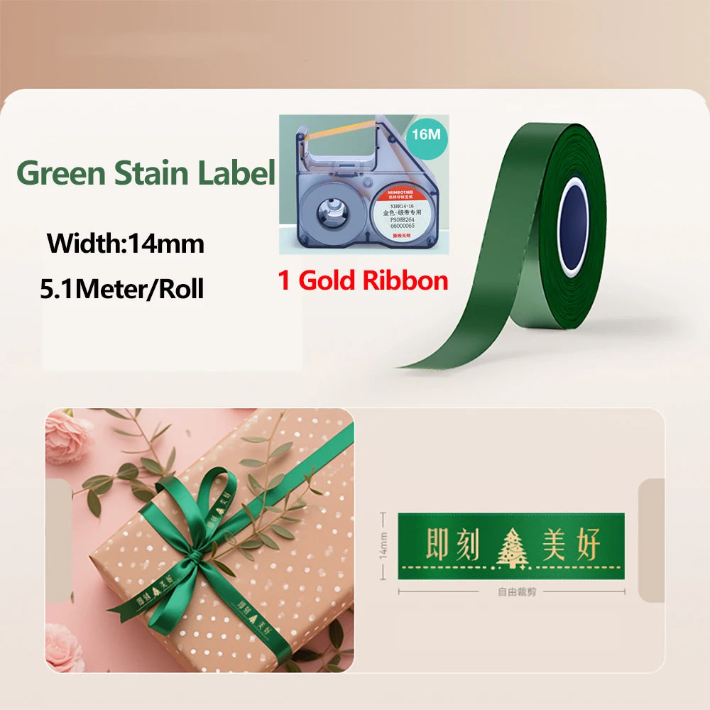 Roll of green stain label ribbon with a gold ribbon shown next to a label printing machine and a finished product example