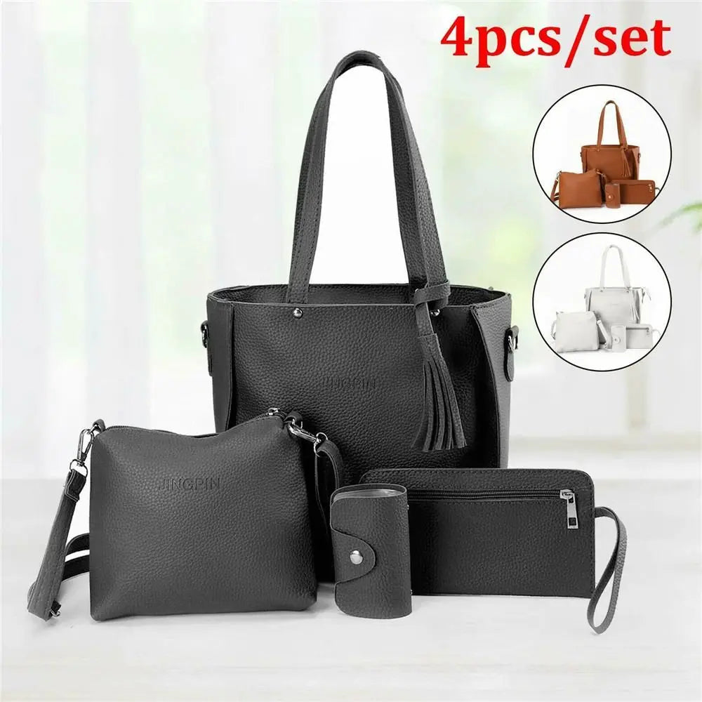 A set of four black PU leather crossbody bags displayed on a white surface.