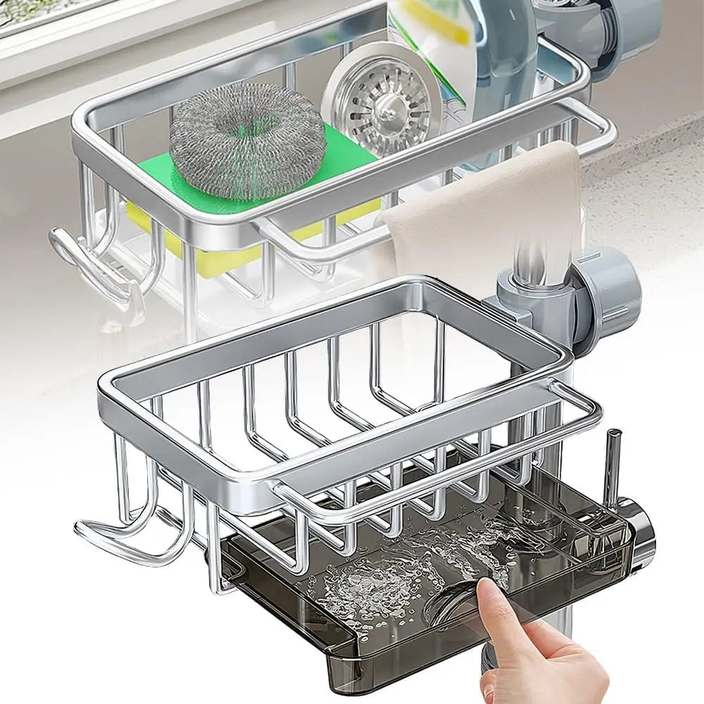 A silver kitchen sink organizer rack with multiple tiers and a removable tray is shown.