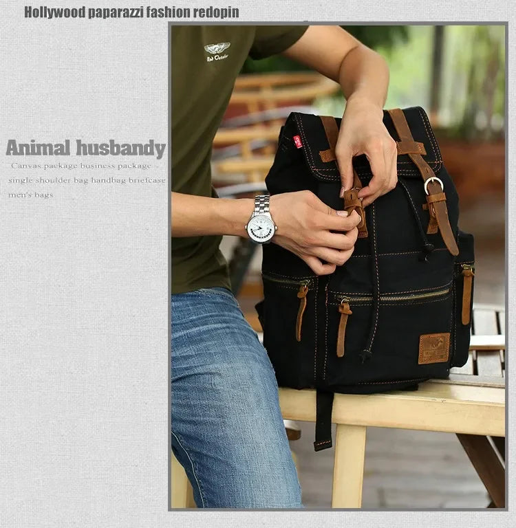 Vintage Canvas Backpack with Leather Accents – Large Capacity Travel & Laptop Bag