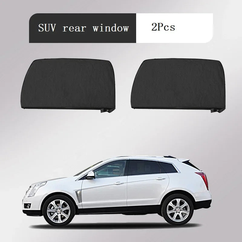 Two black SUV rear window mesh sun shade covers shown next to a white car.