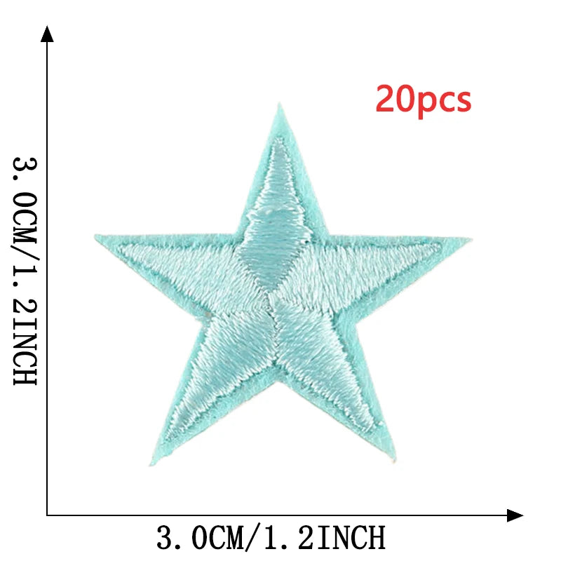A teal star embroidery patch is shown against a measurement scale, indicating its size and detail.