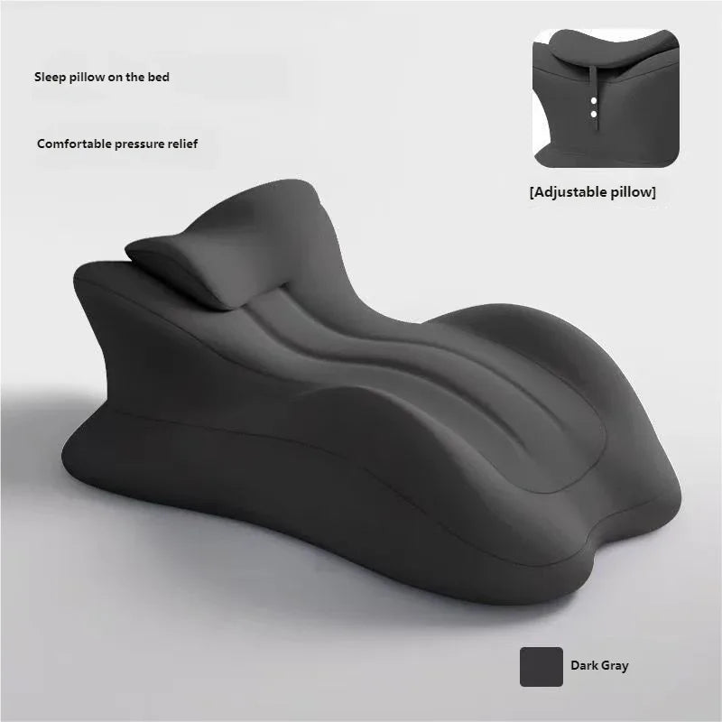 A dark gray memory foam body pillow shown in a side profile with an adjustable pillow section.