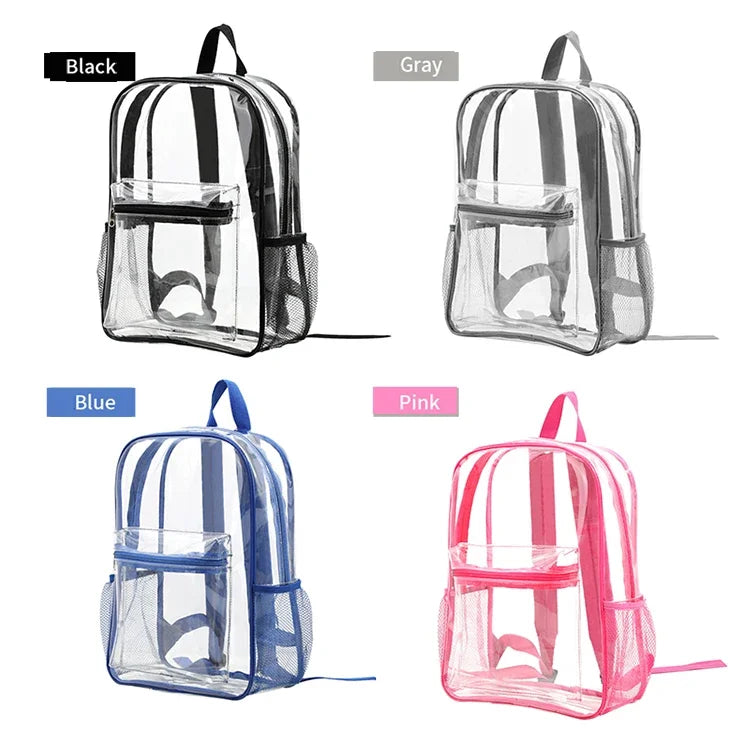 A collection of transparent PVC backpacks in black, gray, blue, and pink.