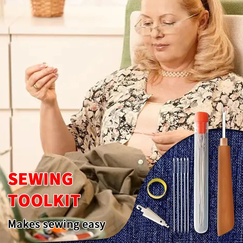 A sewing toolkit showing stainless steel big eye needles and a pair of scissors in a blue case.