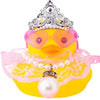 A yellow rubber duck decoration adorned with a silver crown, pink sunglasses, and a pearl necklace.
