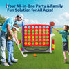 A family playing an outdoor game set featuring a red basketball hoop and ring toss for fun.