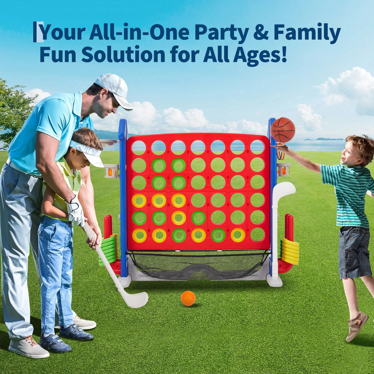 A family playing an outdoor game set featuring a red basketball hoop and ring toss for fun.