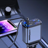 A close-up of an intelligent trickle mode car charger plugged into a vehicle's port, demonstrating battery protection.