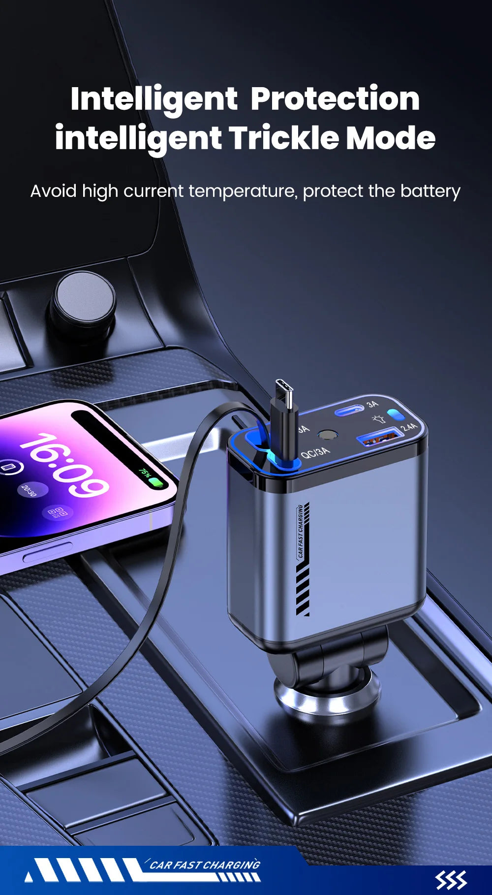 A close-up of an intelligent trickle mode car charger plugged into a vehicle's port, demonstrating battery protection.