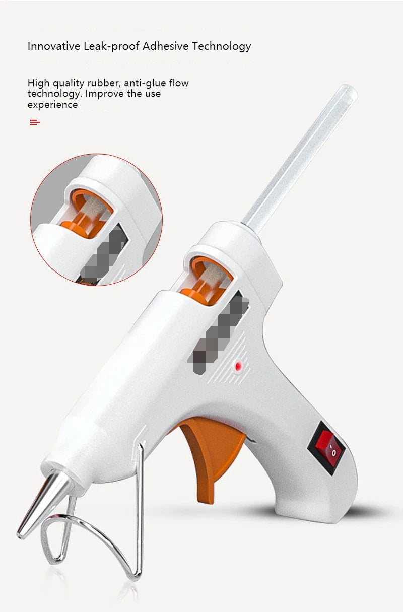 A white hot melt glue gun with an orange handle and a metal nozzle is shown against a white background.
